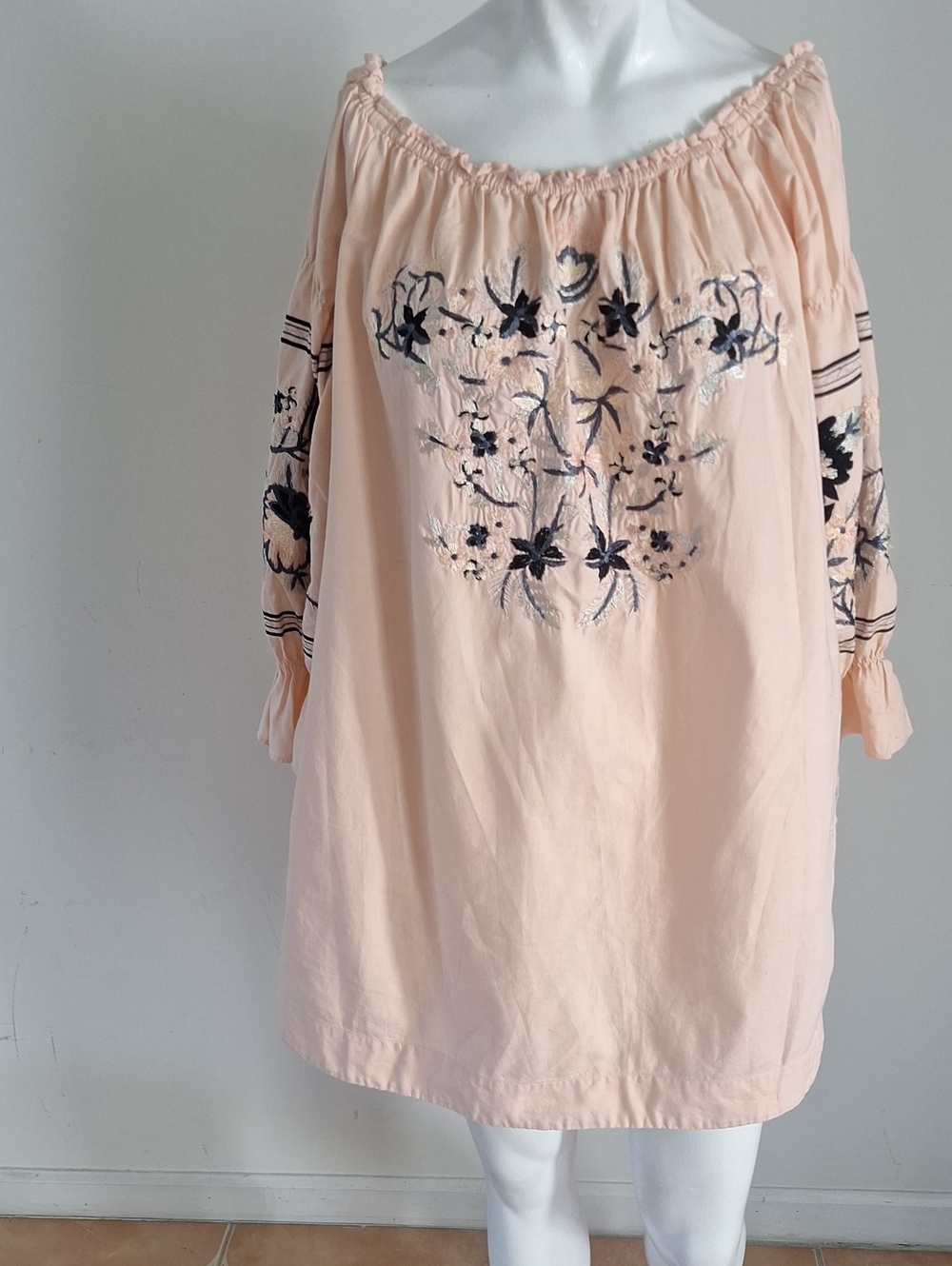 Free People Peach Casual Y2k Summer Embroidered Mini Dress Sz L 100% Cotton